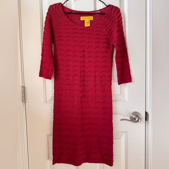 Catherine Malandrino P 3/4 sleeve Scallop wave textured Dress Red - Picture 5 of 8